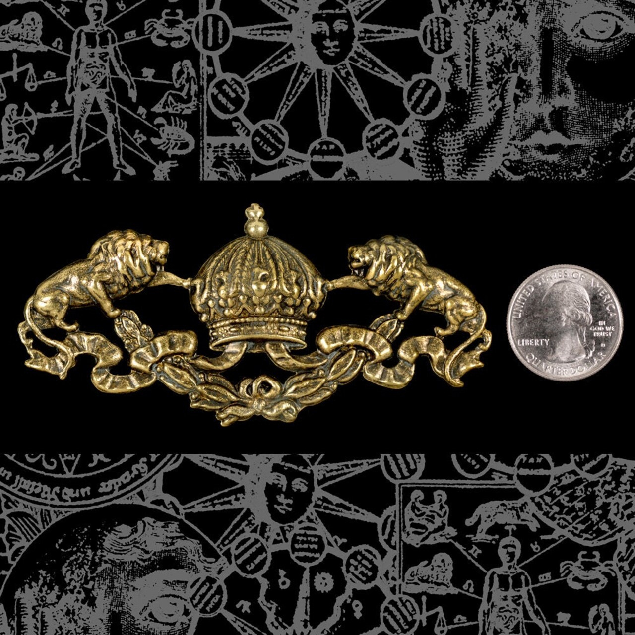 Antiqued Brass Huge Lions and Crown Decorative Embellishment Ornament - AB-P88